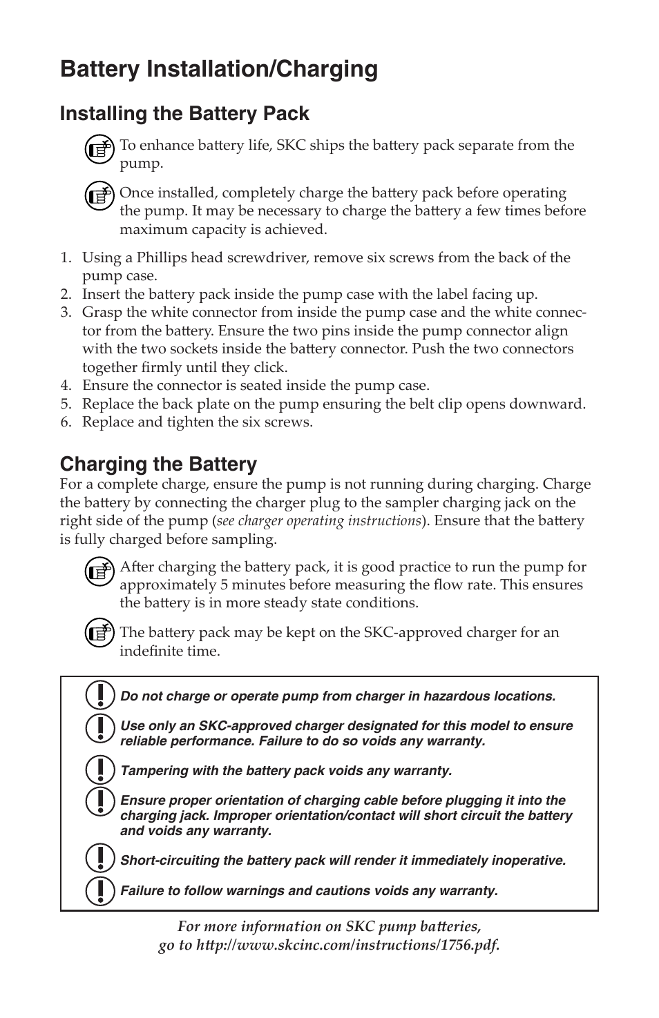 Battery installation/charging, Installing the battery pack, Charging the battery | SKC 222-Series Low Flow Pump User Manual | Page 5 / 11