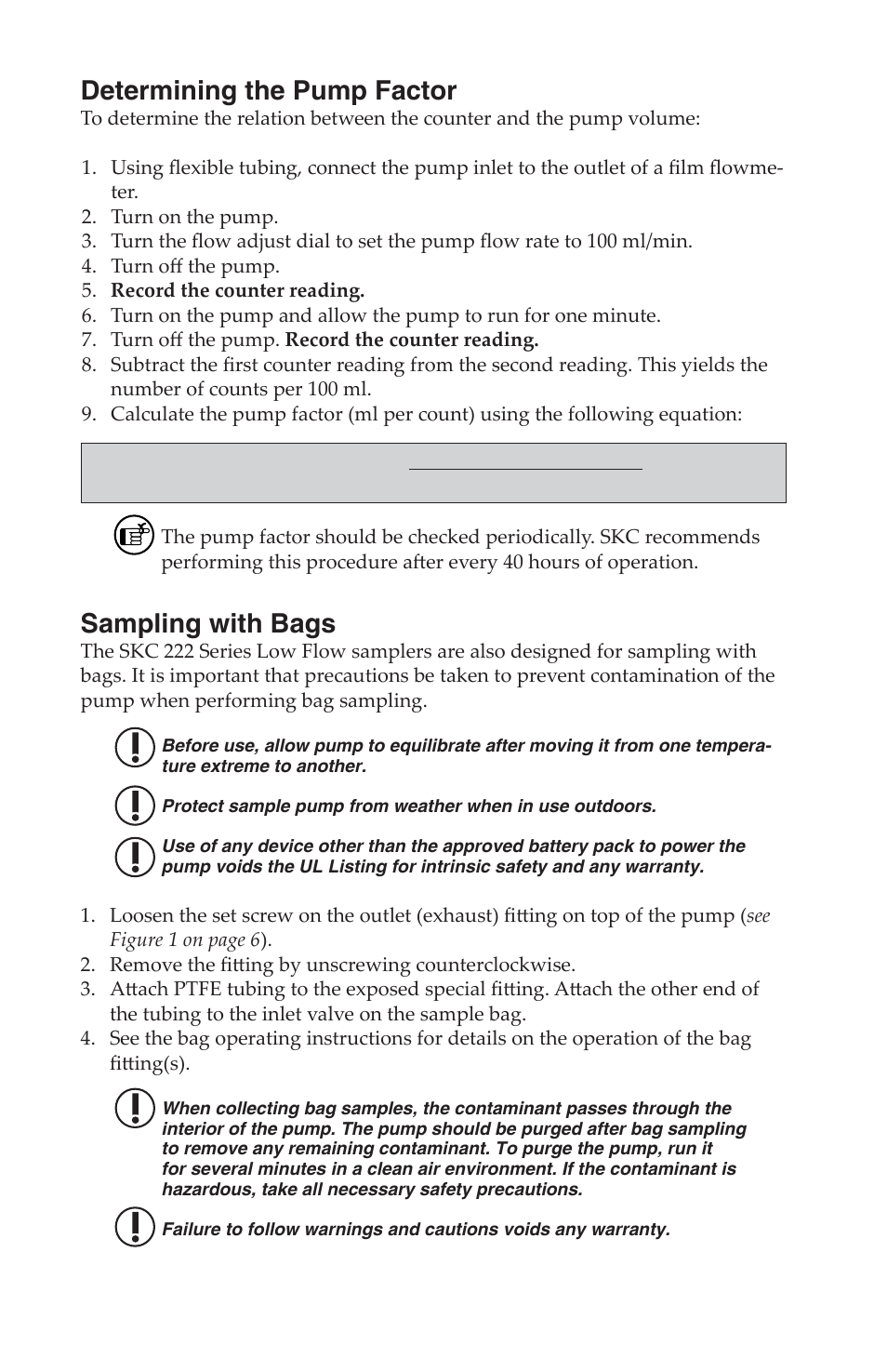 Determining the pump factor, Sampling with bags | SKC 222-Series Low Flow Pump User Manual | Page 7 / 11