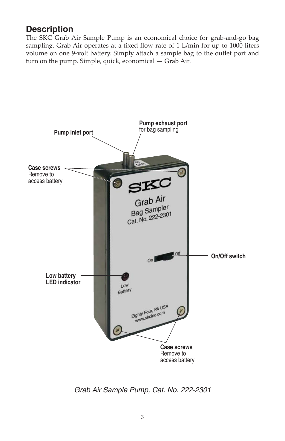 Description | SKC 222-2301 Grab Air Sample Pump User Manual | Page 2 / 6