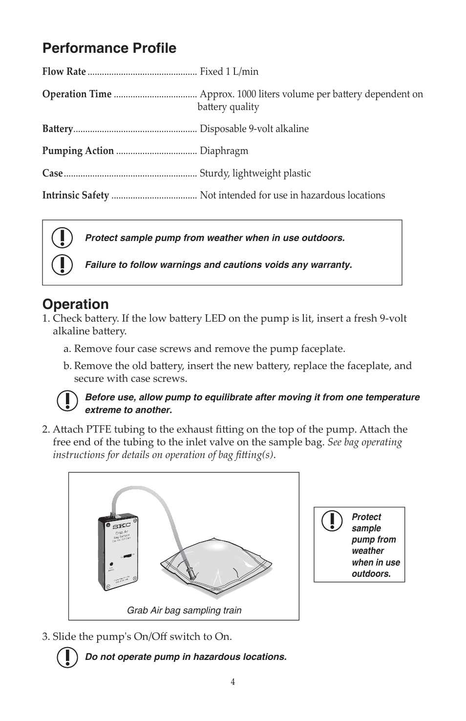 Performance profi le, Operation | SKC 222-2301 Grab Air Sample Pump User Manual | Page 3 / 6