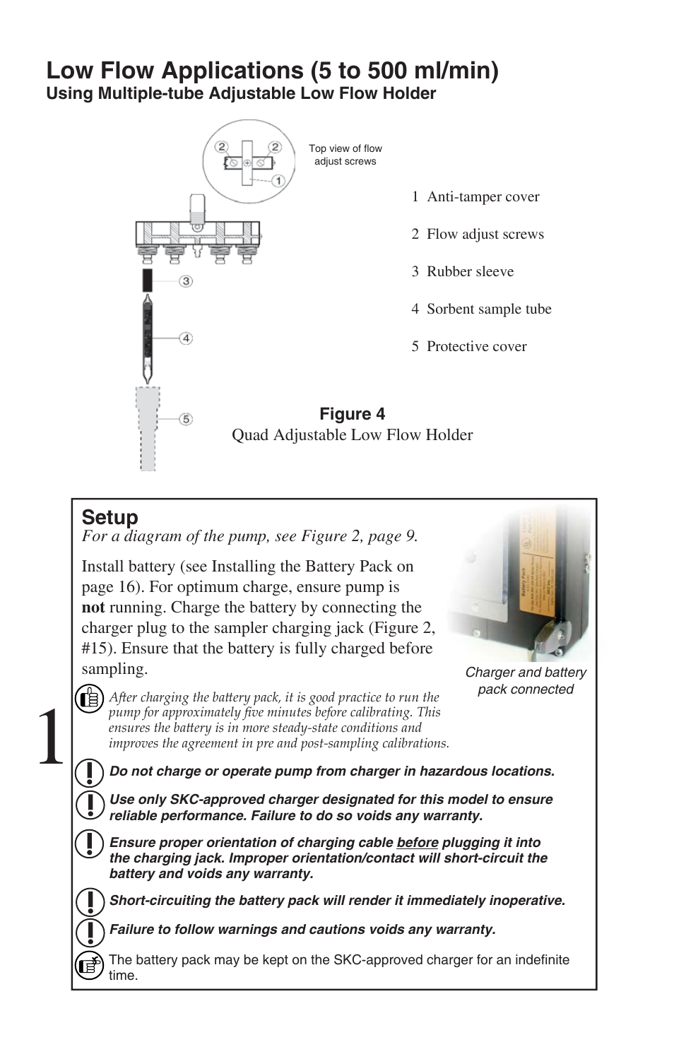 Low flow applications (5 to 500 ml/min), Setup | SKC 224-44XR Universal Pump User Manual | Page 14 / 25