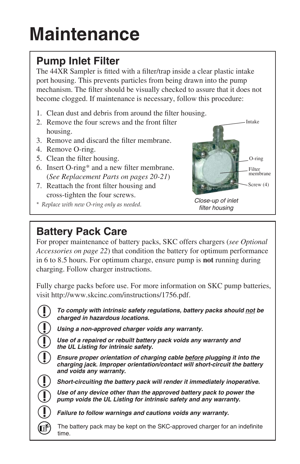 Maintenance, Pump inlet filter, Battery pack care | SKC 224-44XR Universal Pump User Manual | Page 17 / 25