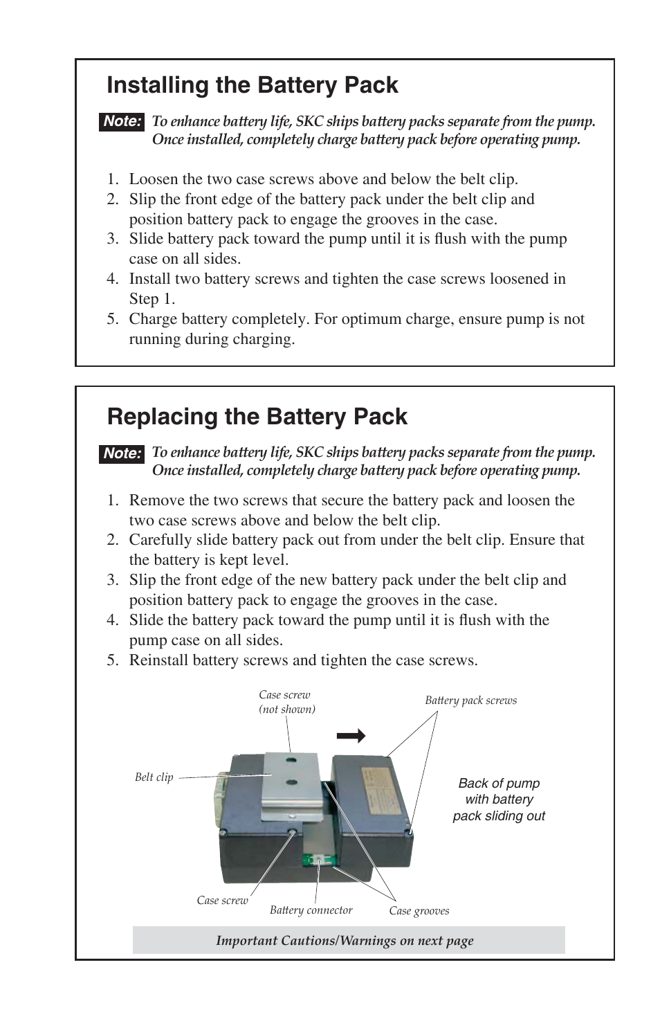 Installing the battery pack, Replacing the battery pack | SKC 224-44XR Universal Pump User Manual | Page 18 / 25