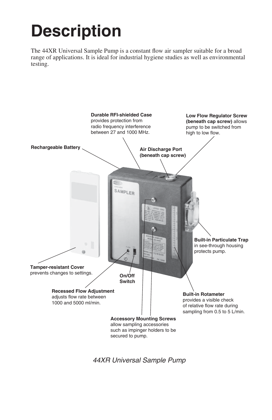 Description, 44xr universal sample pump | SKC 224-44XR Universal Pump User Manual | Page 3 / 25