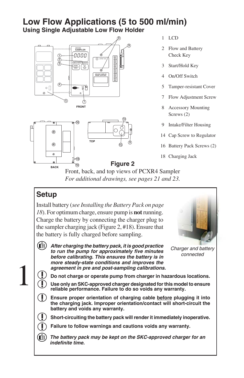 Low flow applications (5 to 500 ml/min), Setup | SKC 224-PCXR4 Universal Pump User Manual | Page 11 / 27