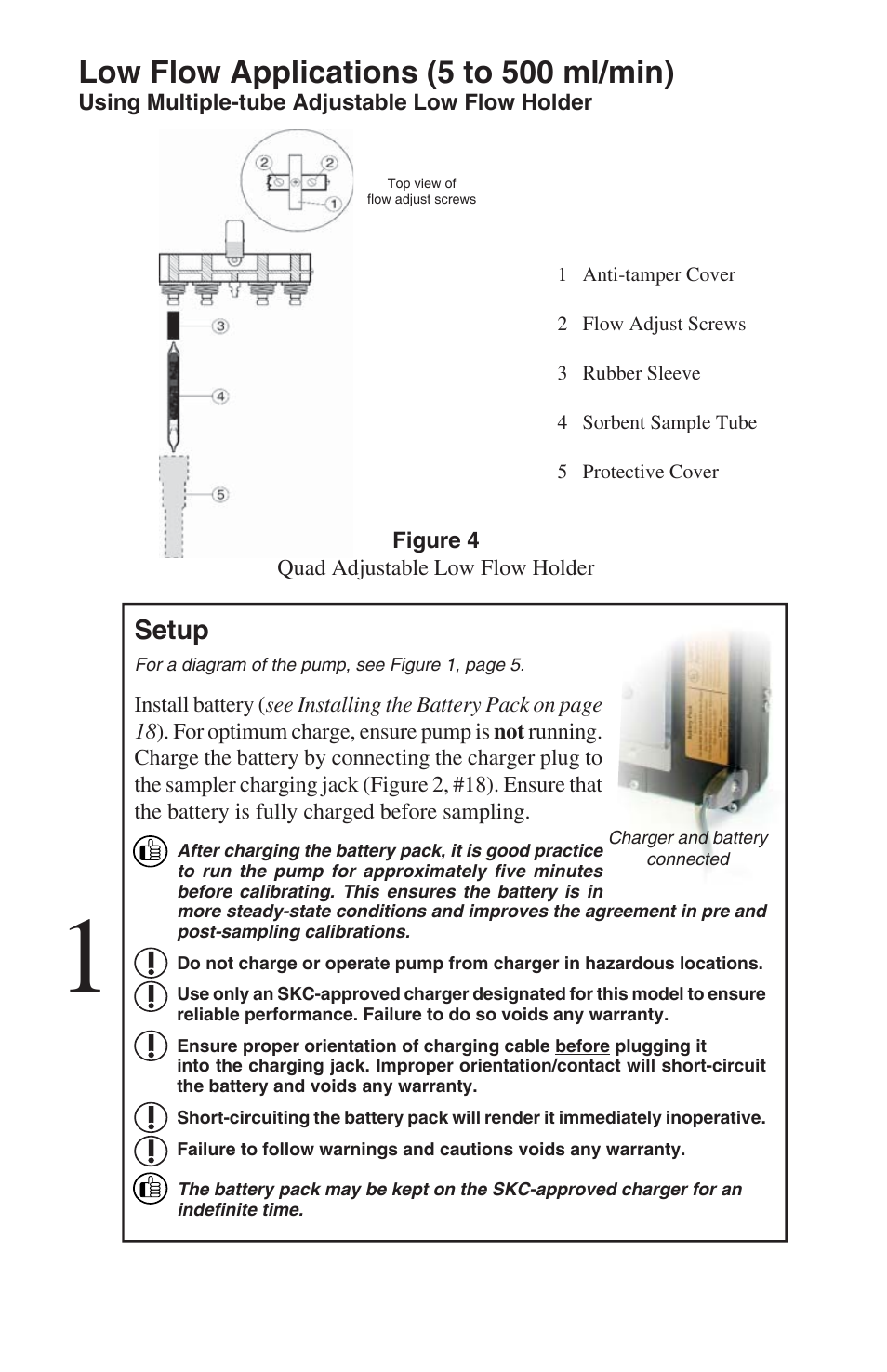 Low flow applications (5 to 500 ml/min), Setup | SKC 224-PCXR4 Universal Pump User Manual | Page 15 / 27