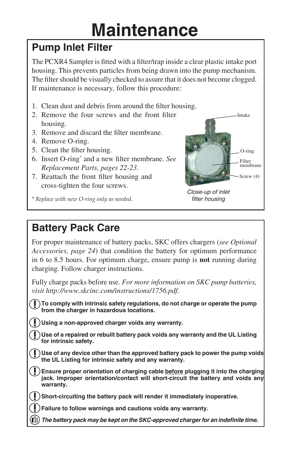 Maintenance, Pump inlet filter, Battery pack care | SKC 224-PCXR4 Universal Pump User Manual | Page 19 / 27