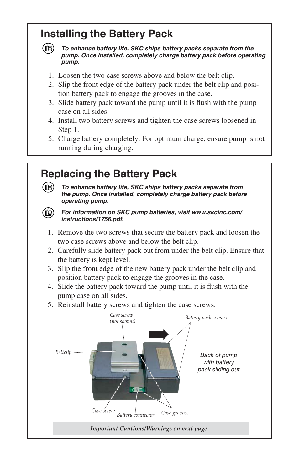 Installing the battery pack, Replacing the battery pack | SKC 224-PCXR4 Universal Pump User Manual | Page 20 / 27