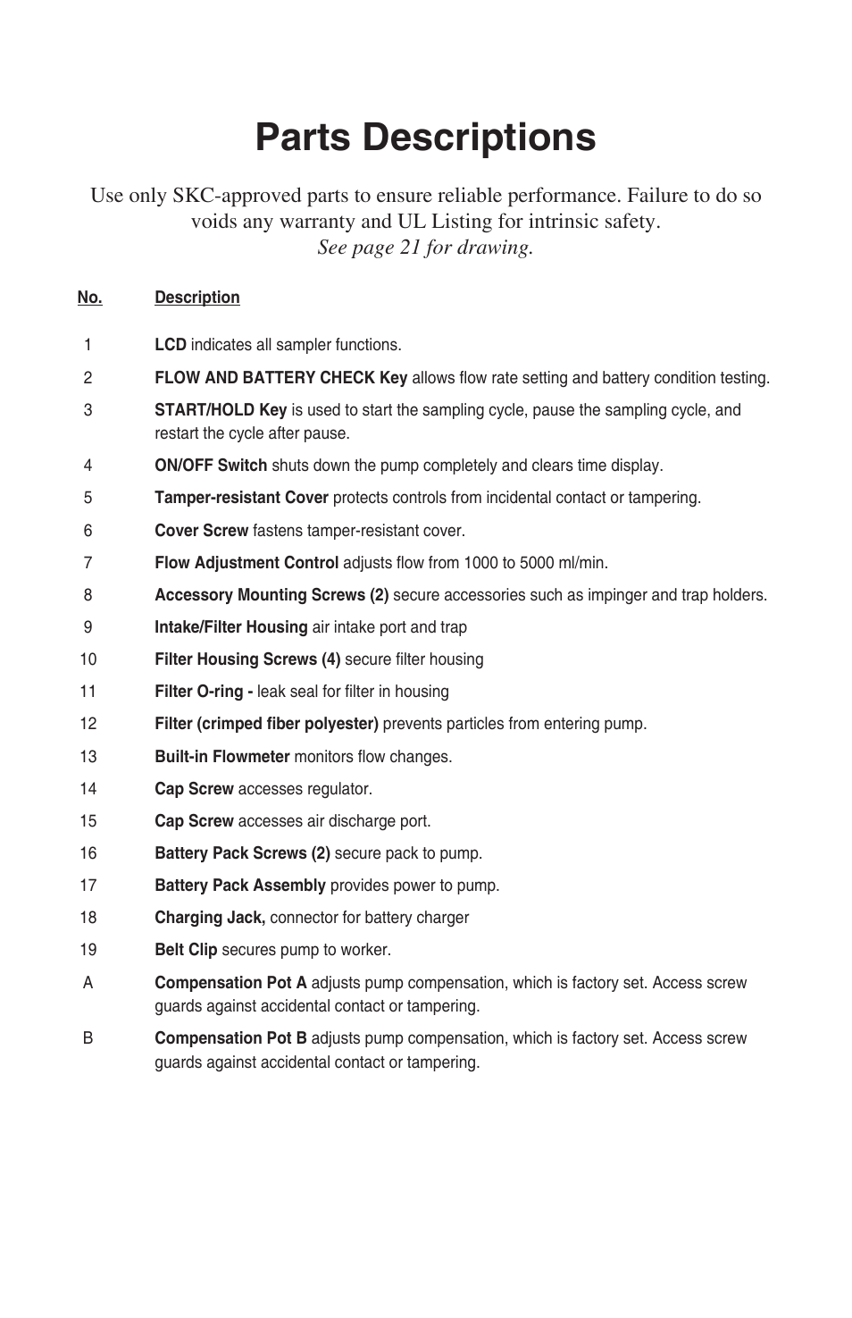 Parts descriptions | SKC 224-PCXR4 Universal Pump User Manual | Page 22 / 27