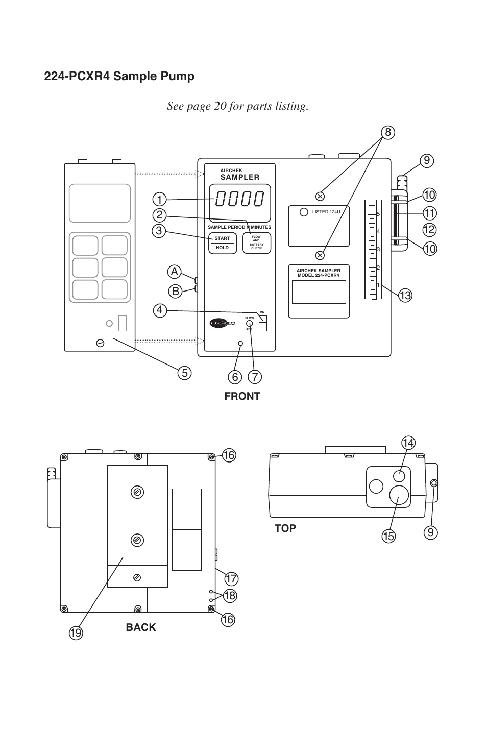 Pcxr4 sample pump see page 20 for parts listing, Back top front | SKC 224-PCXR4 Universal Pump User Manual | Page 23 / 27