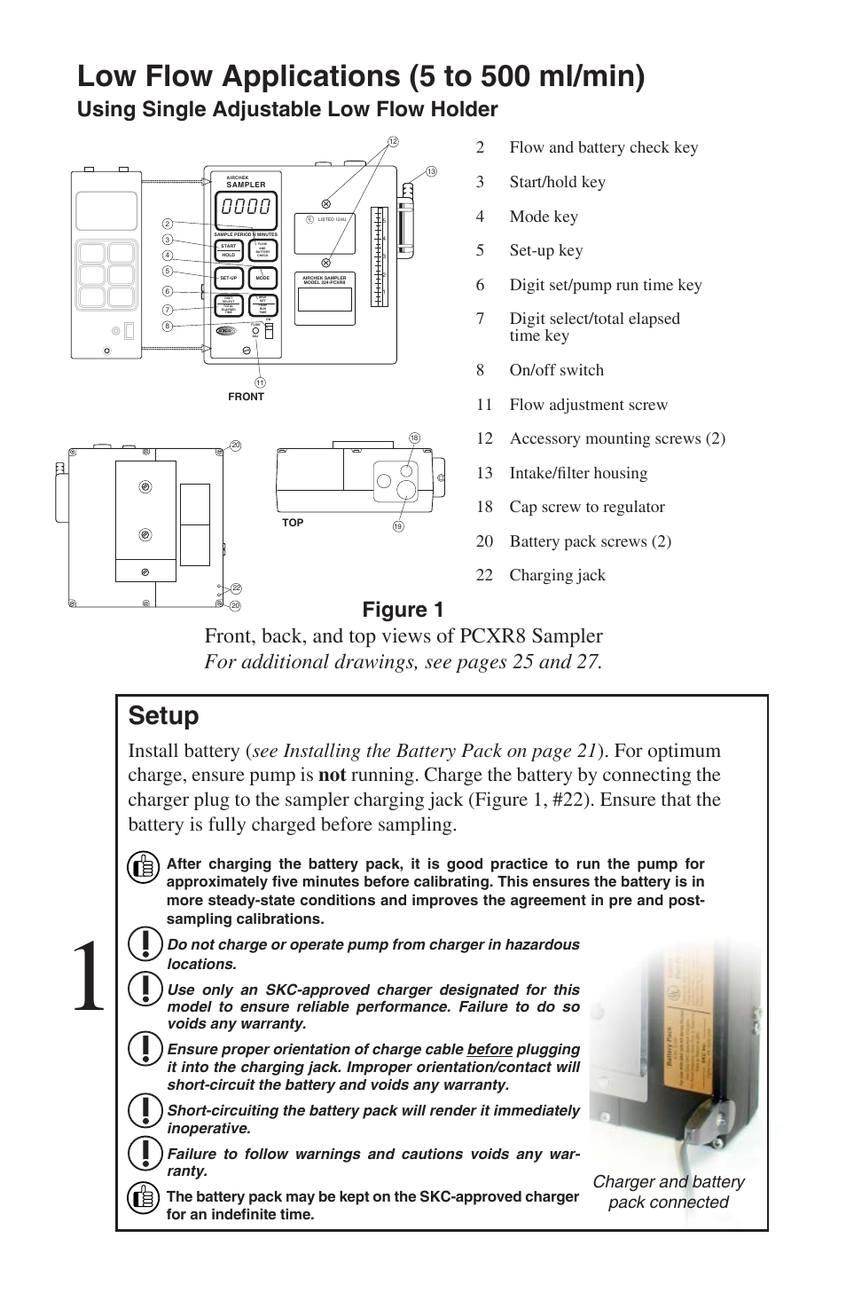 Low flow applications (5 to 500 ml/min), Setup, Using single adjustable low flow holder | Charger and battery pack connected | SKC 224-PCXR8 Universal Pump User Manual | Page 12 / 30