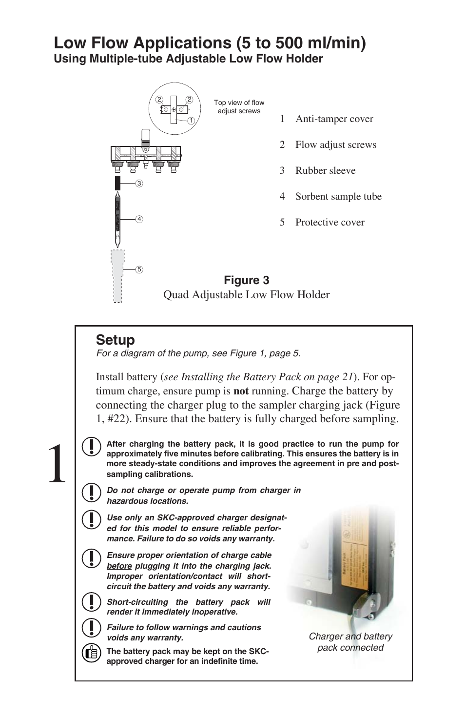 Low flow applications (5 to 500 ml/min), Setup | SKC 224-PCXR8 Universal Pump User Manual | Page 17 / 30