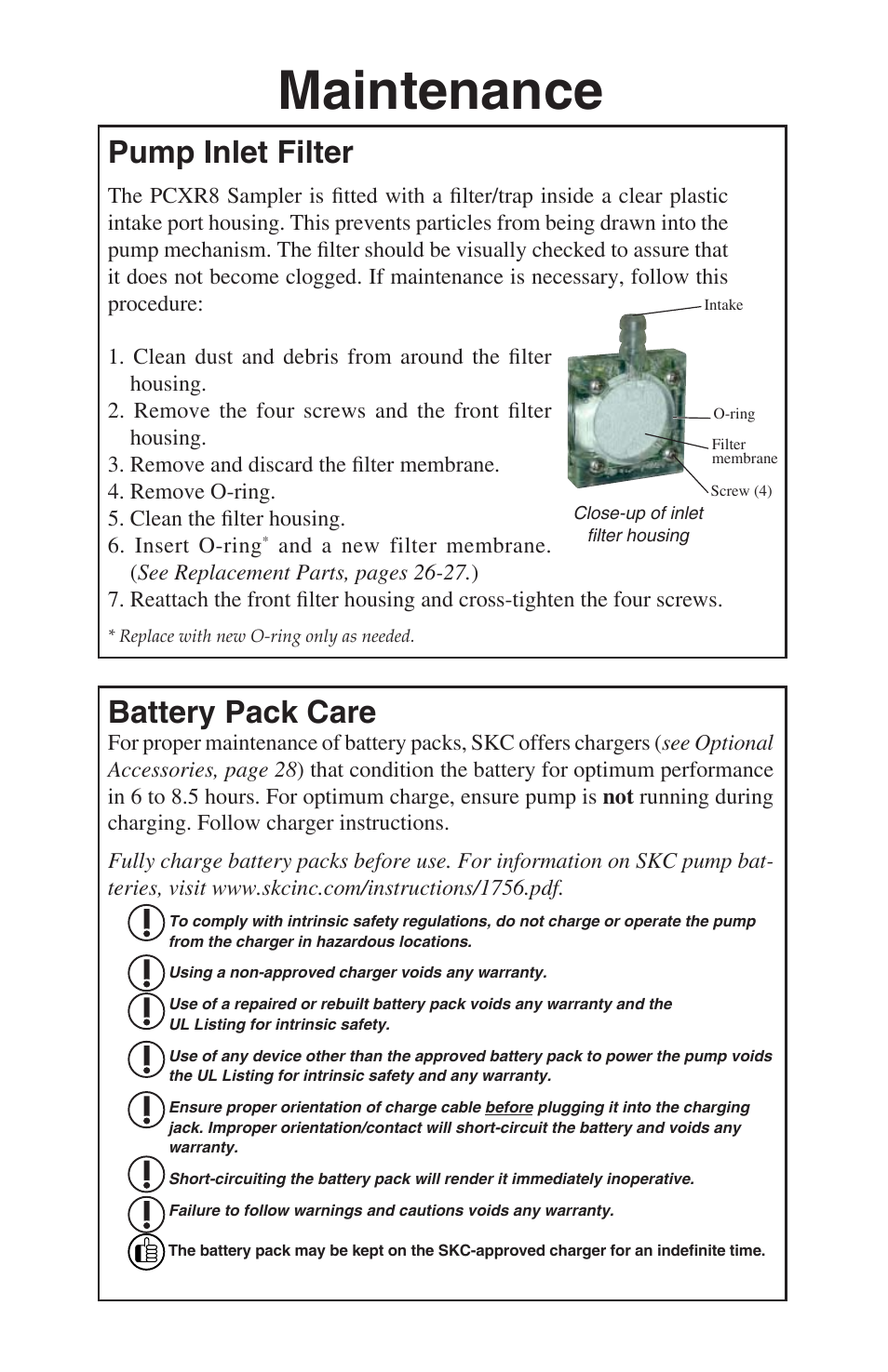 Maintenance, Pump inlet filter, Battery pack care | SKC 224-PCXR8 Universal Pump User Manual | Page 22 / 30