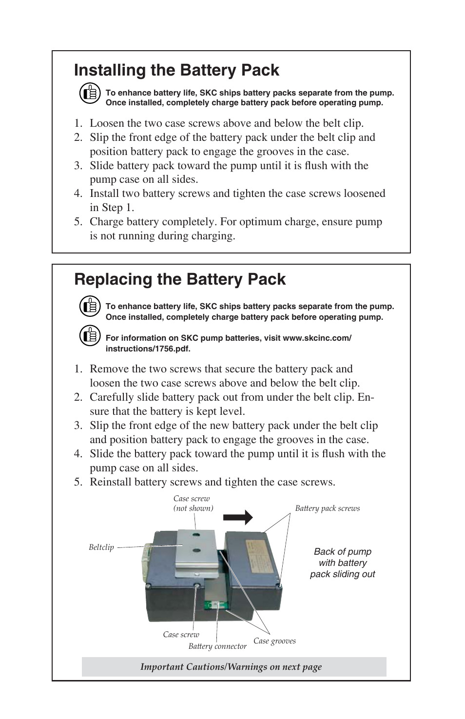 Installing the battery pack, Replacing the battery pack | SKC 224-PCXR8 Universal Pump User Manual | Page 23 / 30