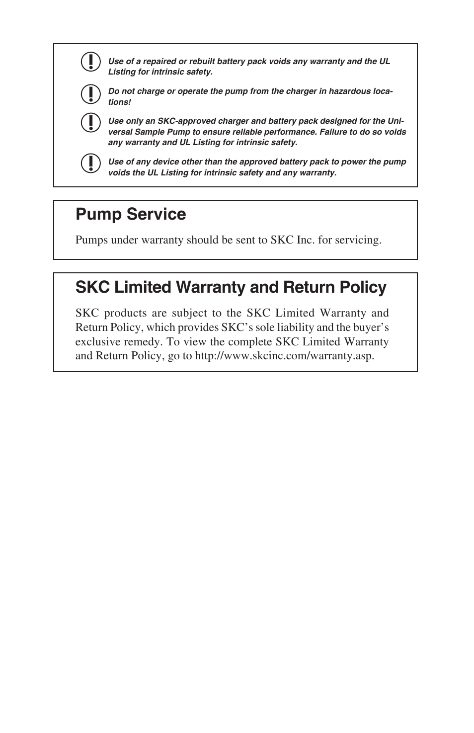 Pump service, Skc limited warranty and return policy | SKC 224-PCXR8 Universal Pump User Manual | Page 24 / 30