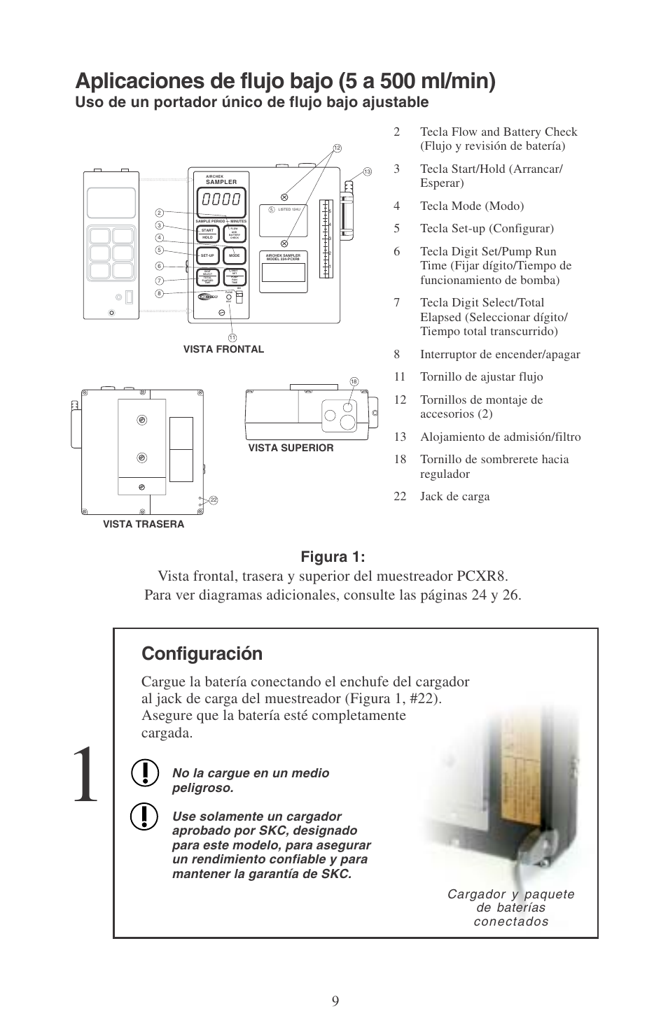 Aplicaciones de flujo bajo (5 a 500 ml/min), Configuración, Uso de un portador único de flujo bajo ajustable | Cargador y paquete de baterías conectados | SKC 224-PCXR8 Universal Pump User Manual | Page 11 / 31