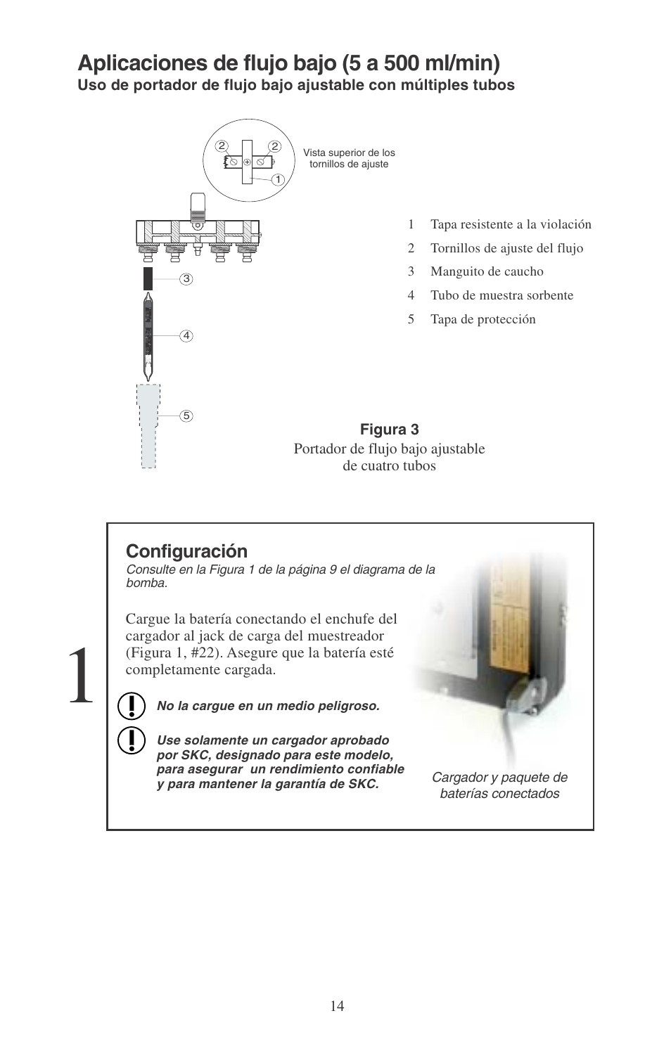 Aplicaciones de flujo bajo (5 a 500 ml/min), Configuración | SKC 224-PCXR8 Universal Pump User Manual | Page 16 / 31