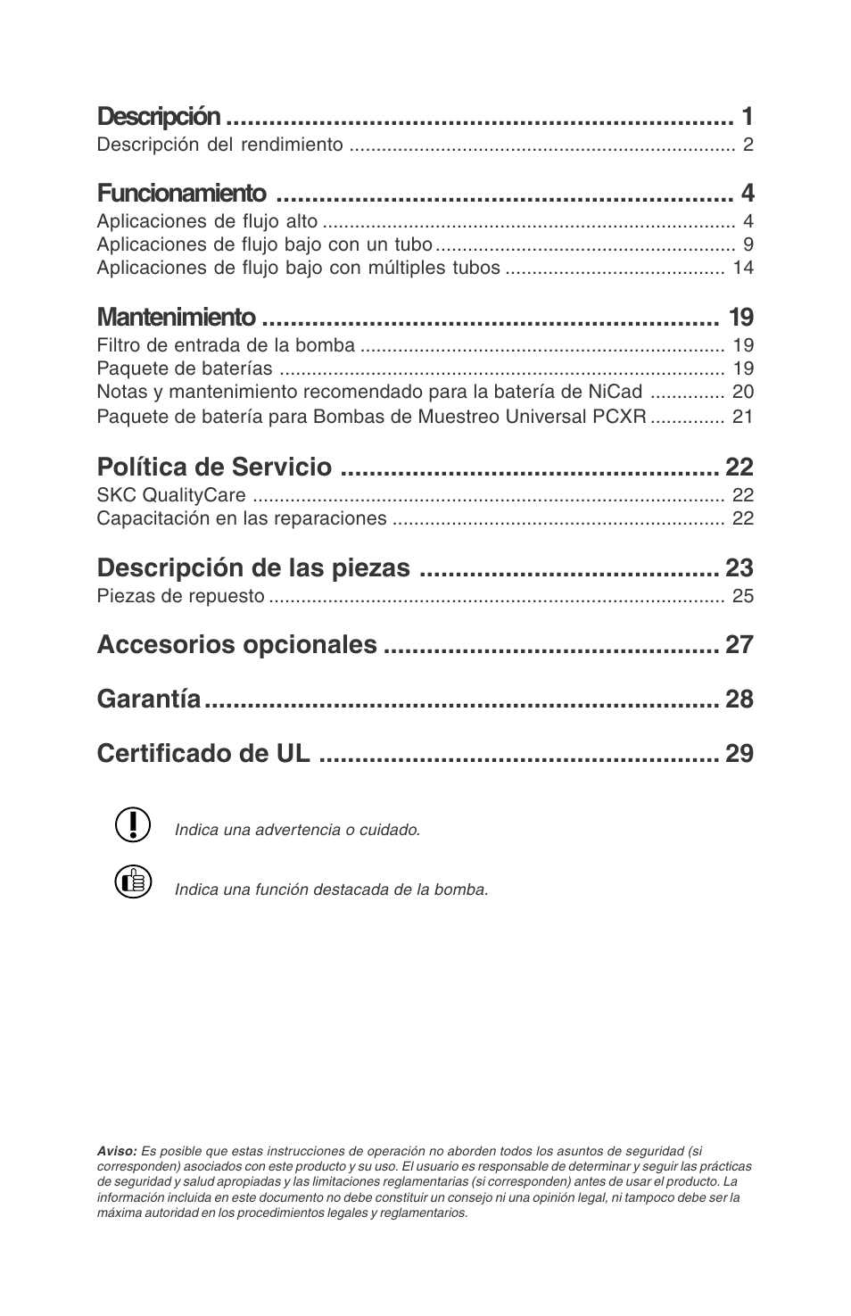 Descripción, Funcionamiento, Mantenimiento | Política de servicio, Descripción de las piezas, Accesorios opcionales garantía certificado de ul | SKC 224-PCXR8 Universal Pump User Manual | Page 2 / 31