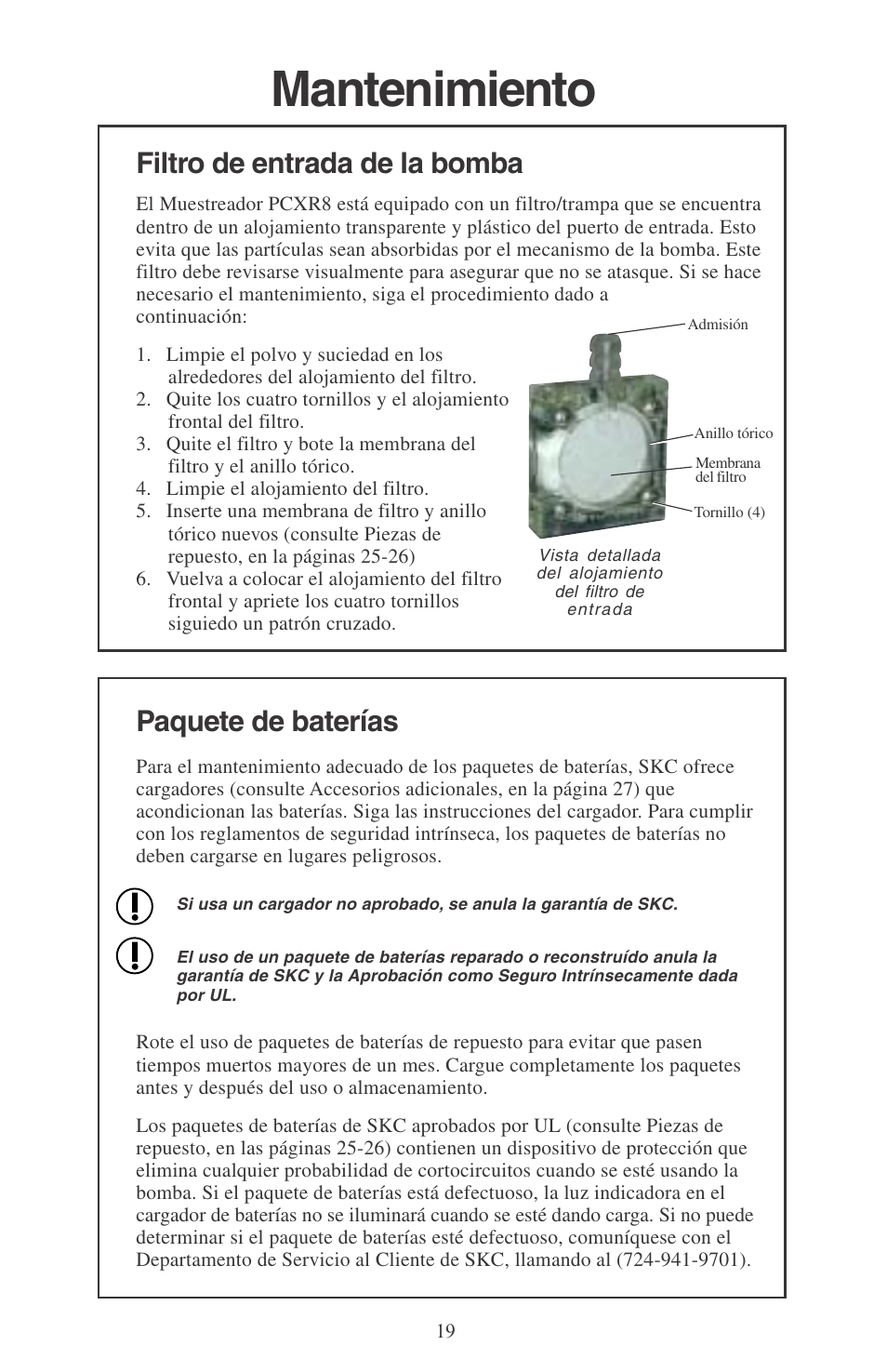 Mantenimiento, Filtro de entrada de la bomba, Paquete de baterías | SKC 224-PCXR8 Universal Pump User Manual | Page 21 / 31