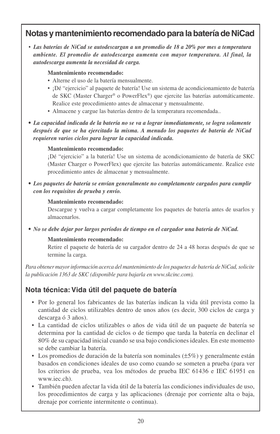 Nota técnica: vida útil del paquete de batería | SKC 224-PCXR8 Universal Pump User Manual | Page 22 / 31