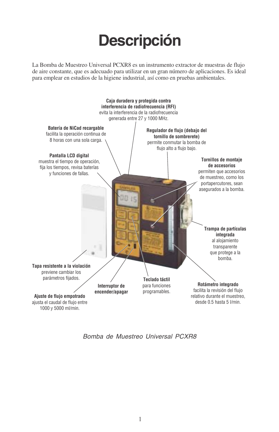 Descripción, Bomba de muestreo universal pcxr8 | SKC 224-PCXR8 Universal Pump User Manual | Page 3 / 31