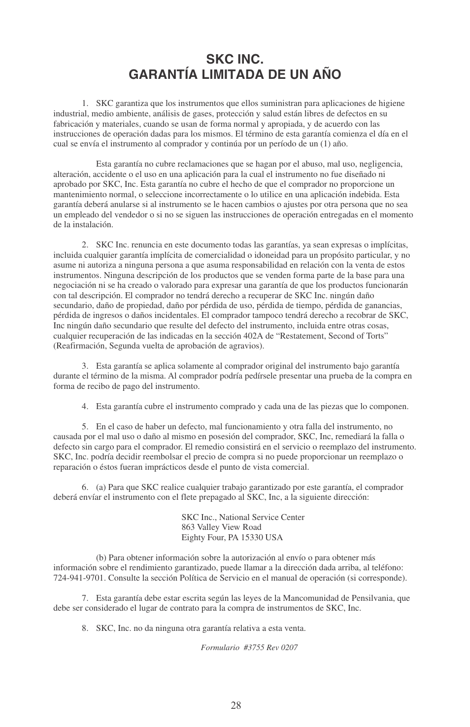 Skc inc. garantía limitada de un año | SKC 224-PCXR8 Universal Pump User Manual | Page 30 / 31