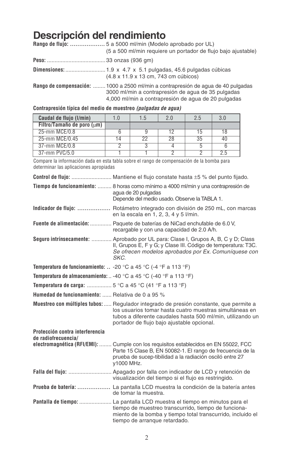 Descripción del rendimiento | SKC 224-PCXR8 Universal Pump User Manual | Page 4 / 31