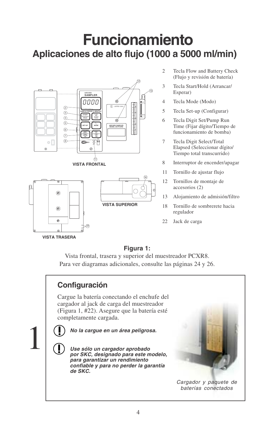 Funcionamiento, Configuración, Cargador y paquete de baterías conectados | SKC 224-PCXR8 Universal Pump User Manual | Page 6 / 31