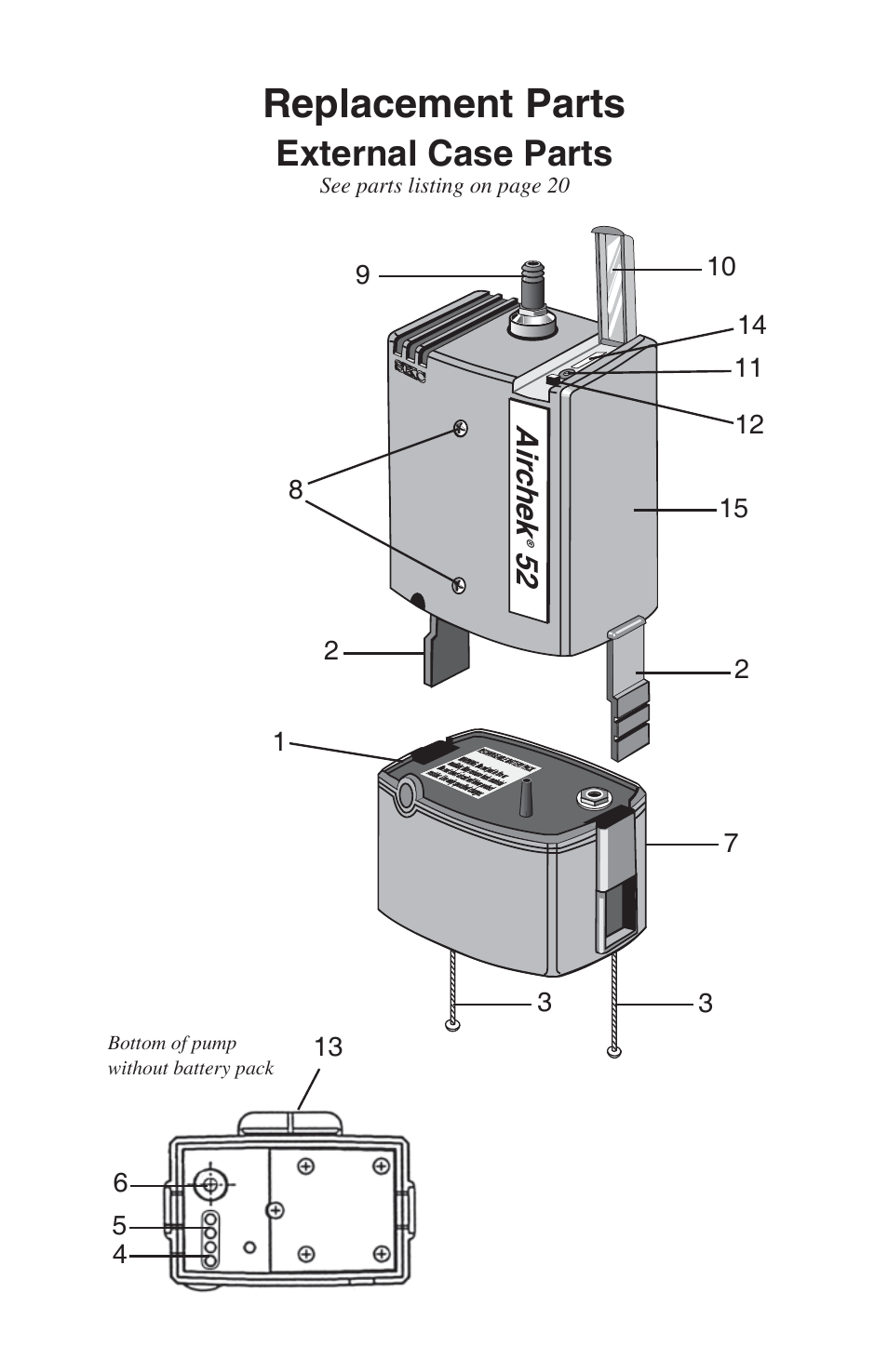 Replacement parts, External case parts, Air chek | SKC 224-52 AirChek 52 User Manual | Page 23 / 25