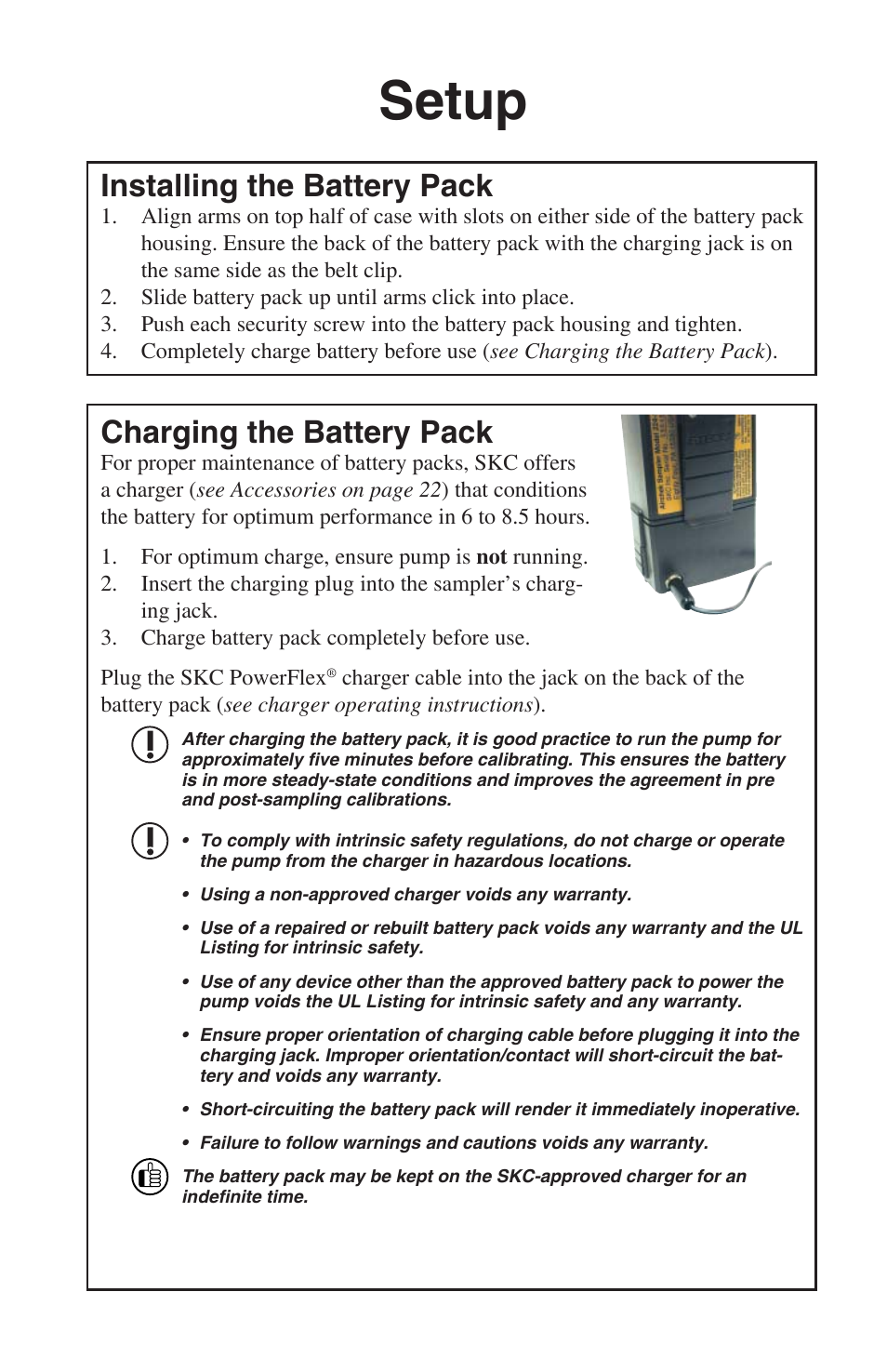 Setup, Installing the battery pack, Charging the battery pack | SKC 224-52 AirChek 52 User Manual | Page 7 / 25