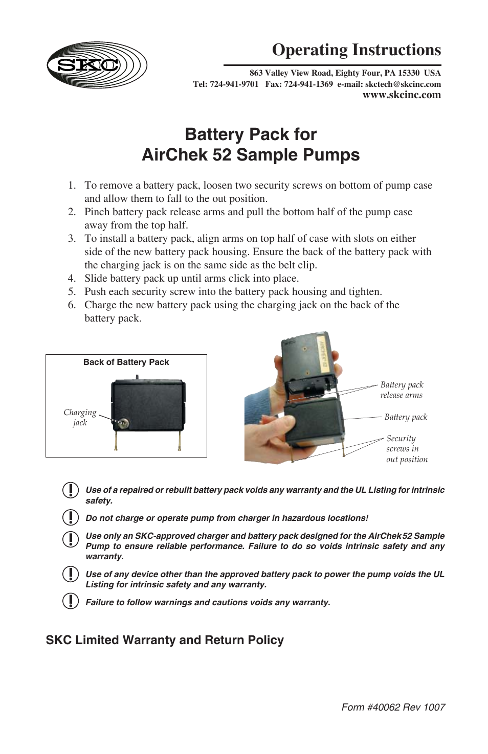 SKC Battery Pack for AirChek 52 User Manual | 1 page