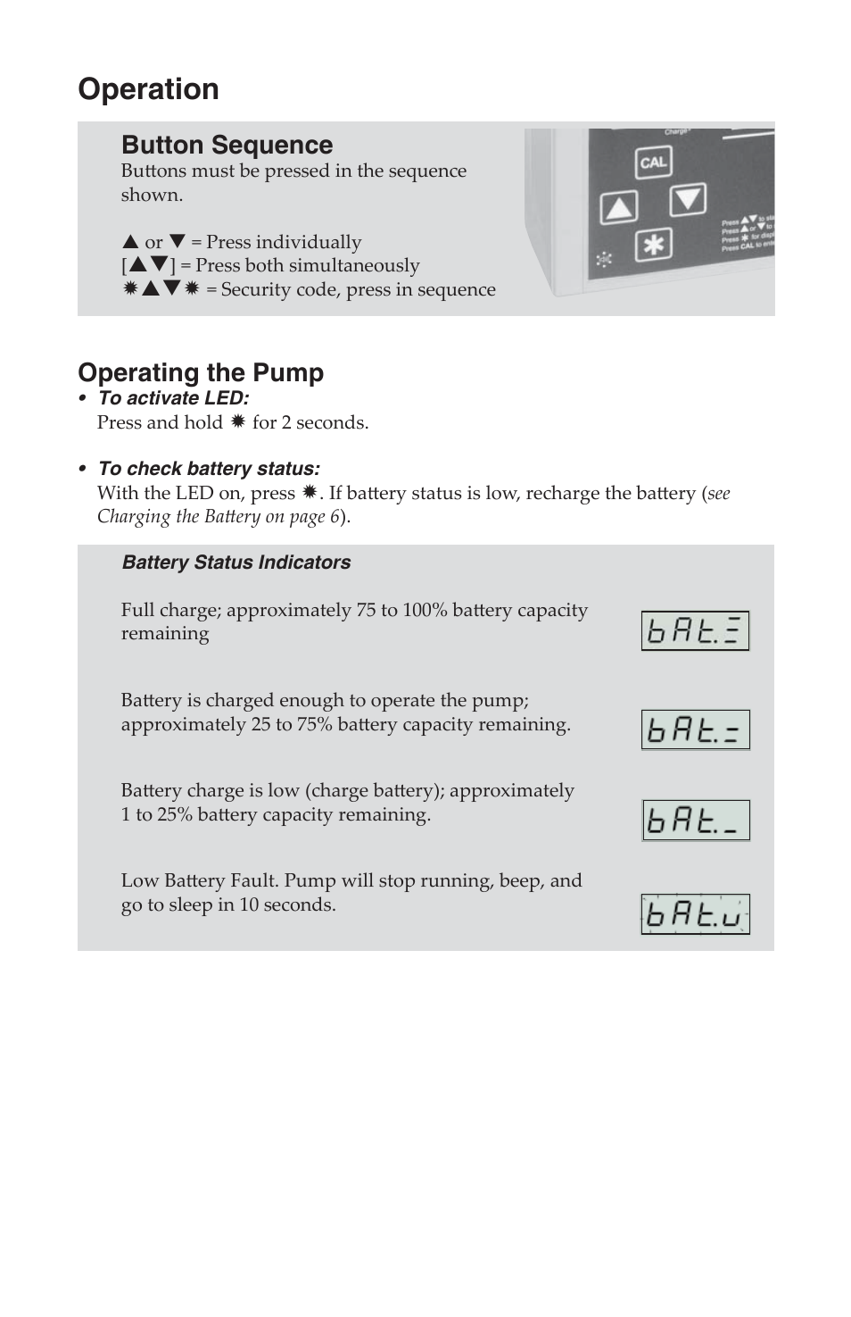 Operation, Button sequence, Operating the pump | SKC 228-9530 QuickTake 30 User Manual | Page 10 / 24