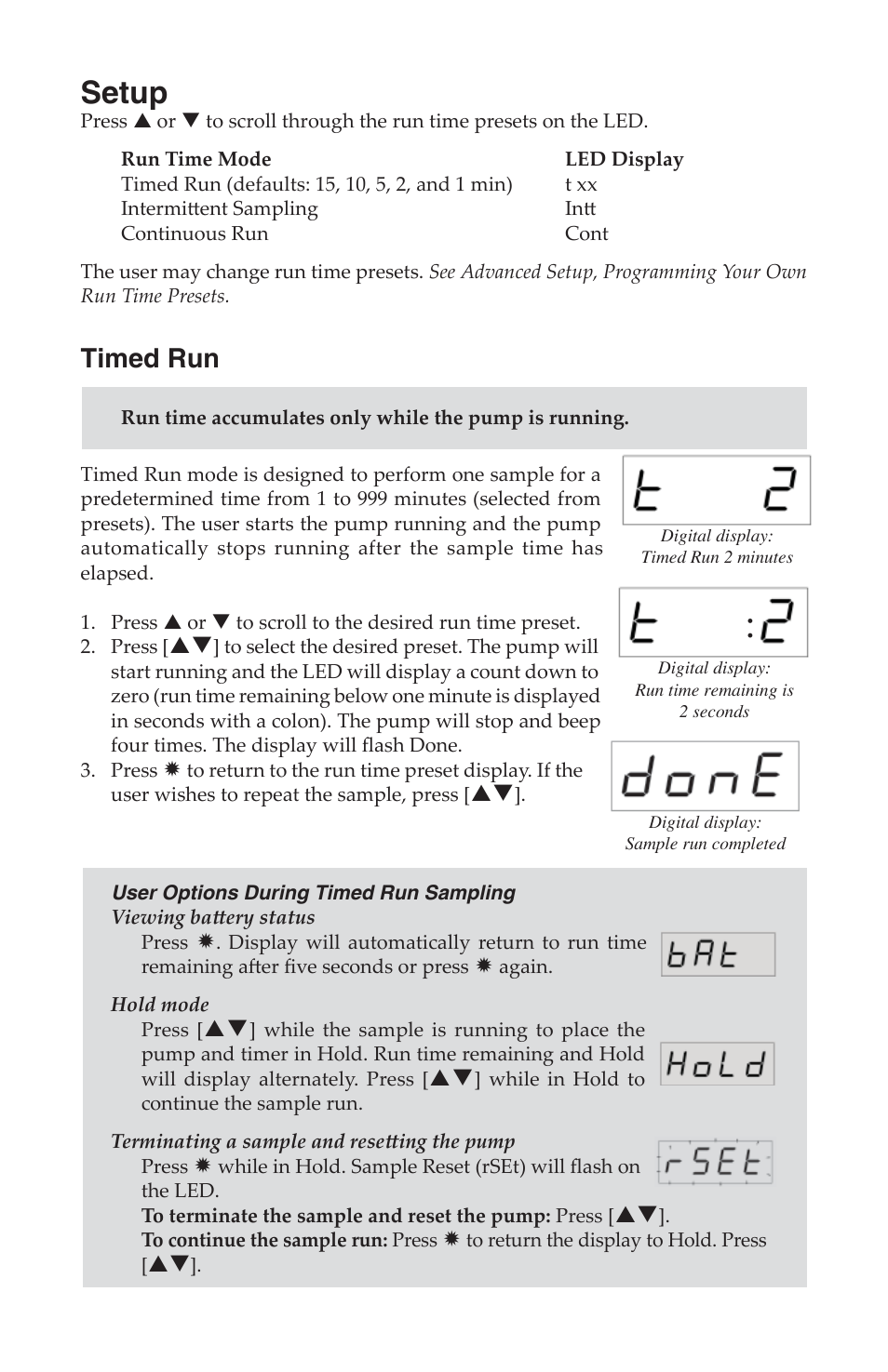 Setup, Timed run | SKC 228-9530 QuickTake 30 User Manual | Page 15 / 24