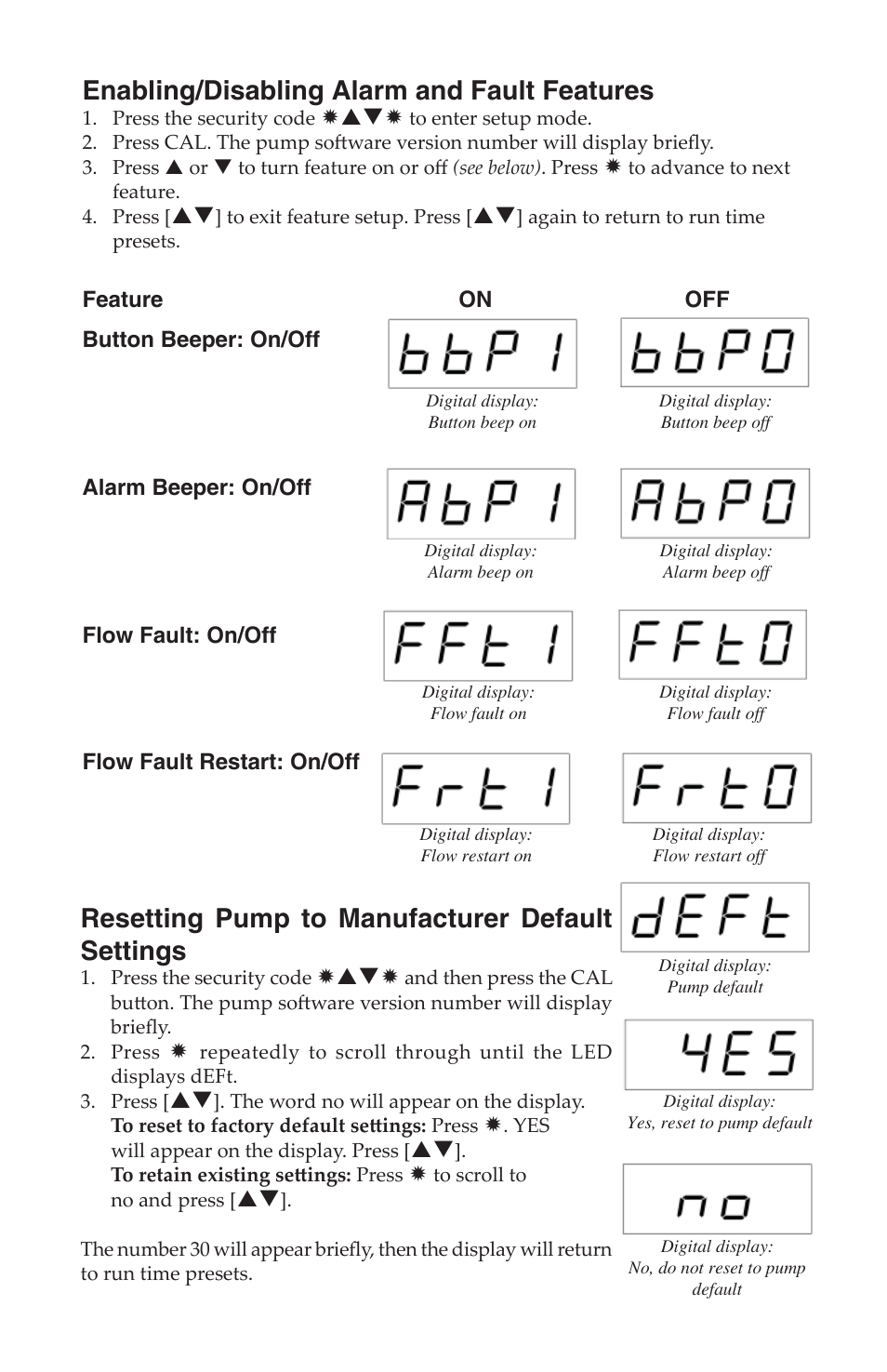 Resetting pump to manufacturer default settings, Enabling/disabling alarm and fault features | SKC 228-9530 QuickTake 30 User Manual | Page 22 / 24