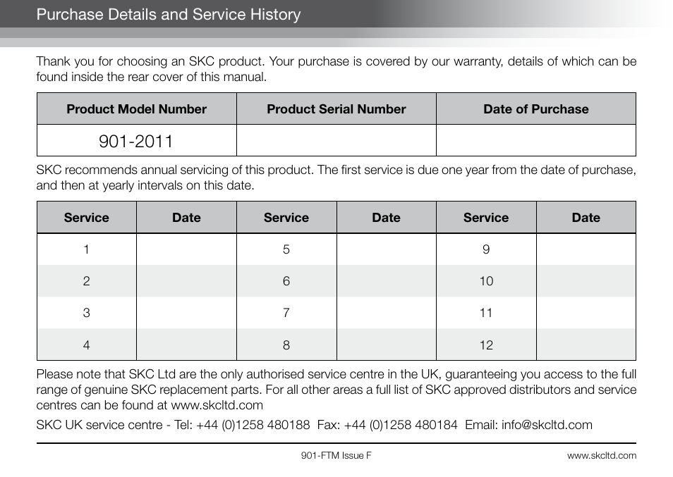 Purchase details and service history | SKC 901-Series Flite 2 User Manual | Page 2 / 32