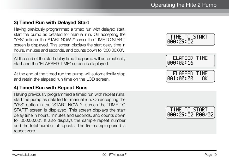 Operating the flite 2 pump, 3) timed run with delayed start, 4) timed run with repeat runs | SKC 901-Series Flite 2 User Manual | Page 21 / 32