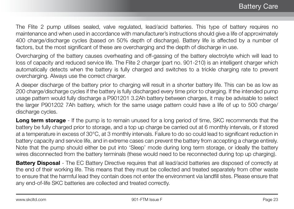 Battery care | SKC 901-Series Flite 2 User Manual | Page 25 / 32