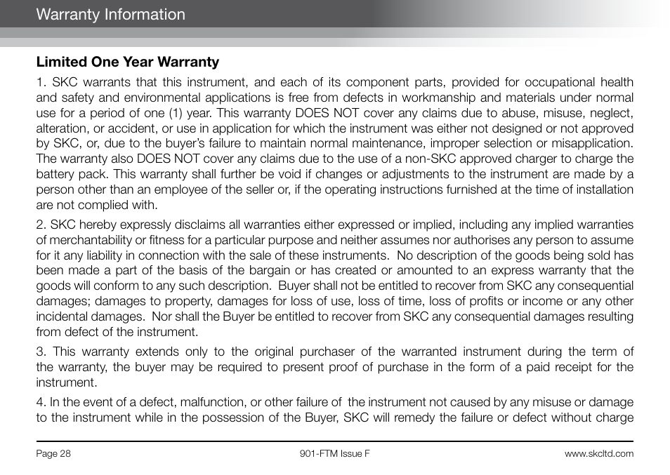 Warranty information, Limited one year warranty | SKC 901-Series Flite 2 User Manual | Page 30 / 32