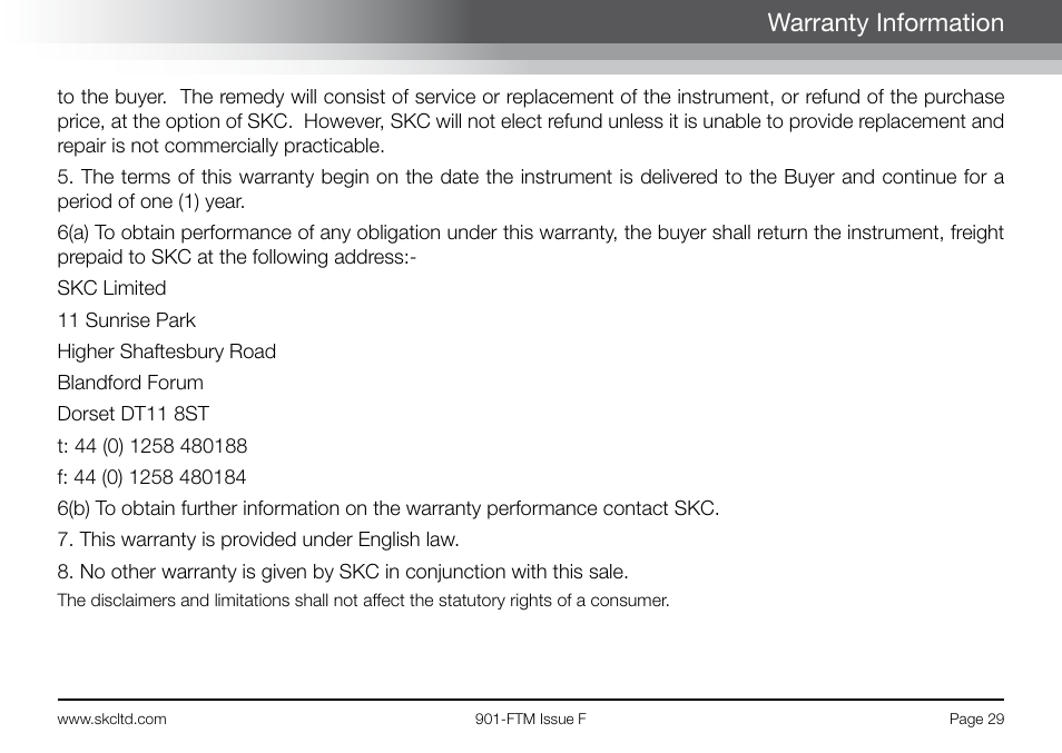 Warranty information | SKC 901-Series Flite 2 User Manual | Page 31 / 32