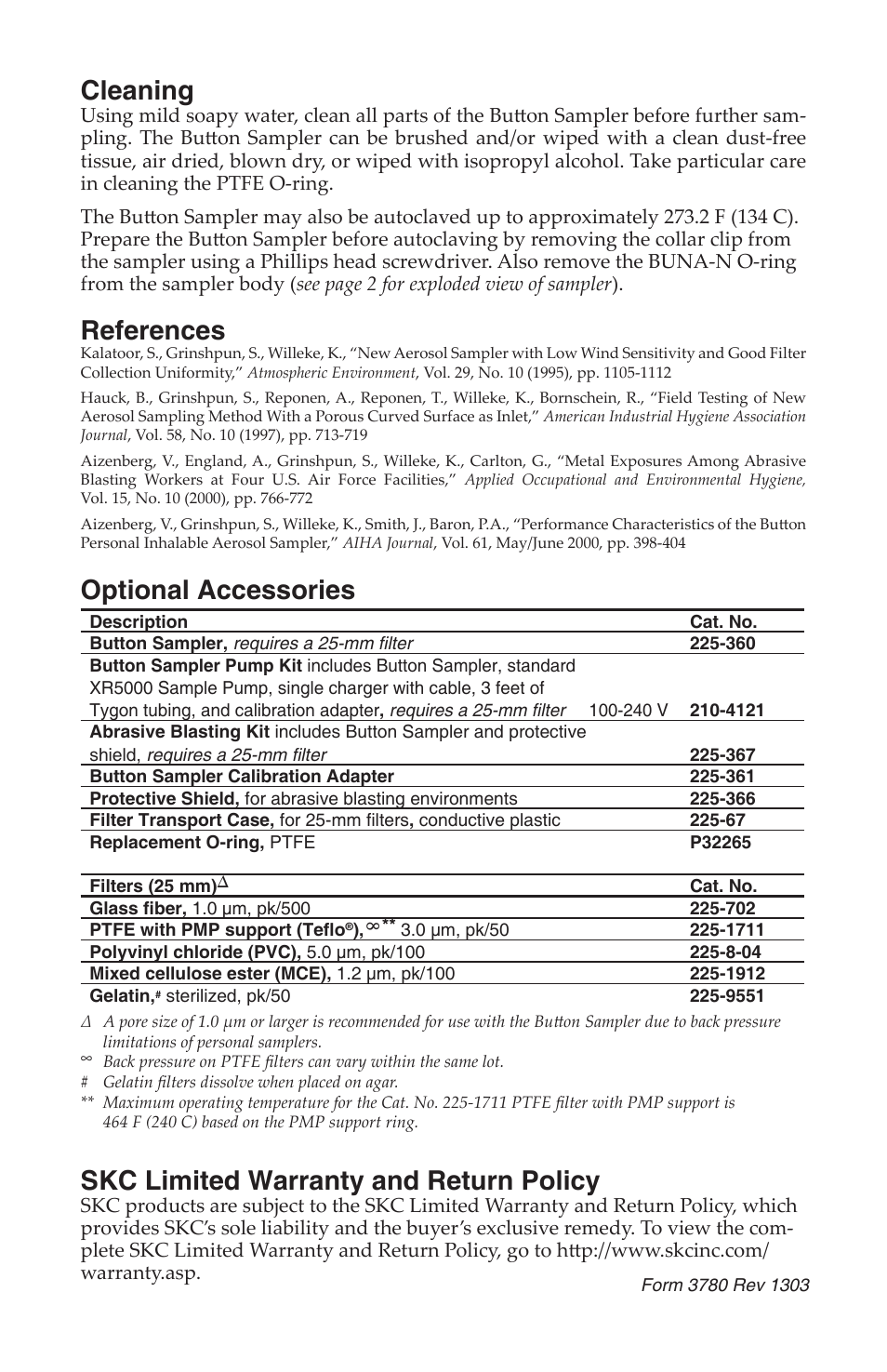 Cleaning, References, Optional accessories | Skc limited warranty and return policy | SKC 225-367 Abrasive Blasting Sampler User Manual | Page 4 / 4