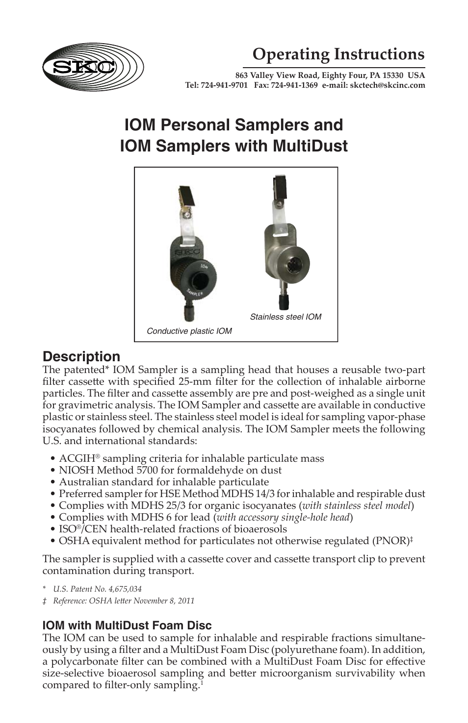 SKC 225-70A IOM Inhalable Dust Sampler with MultiDust Foam Discs User Manual | 12 pages