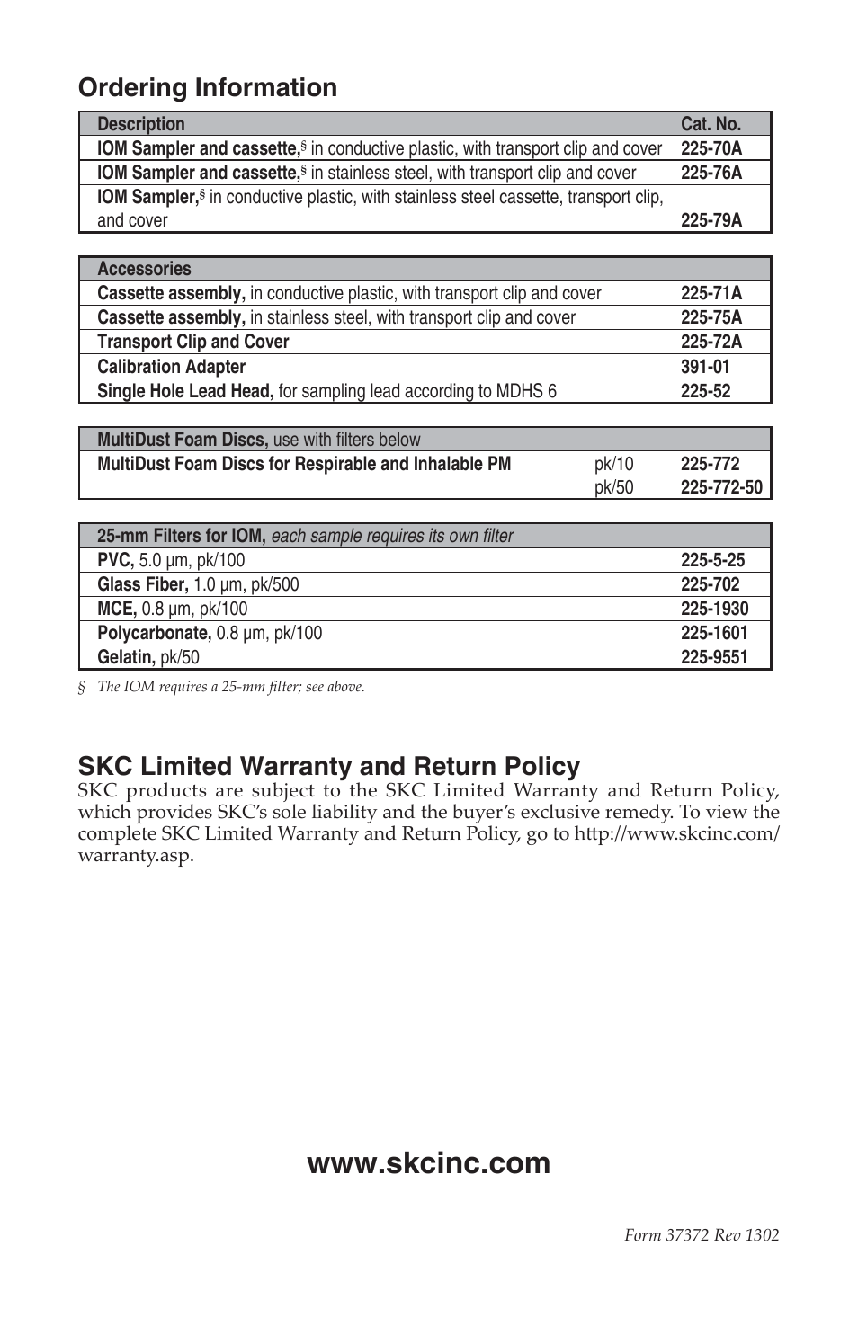 Ordering information, Skc limited warranty and return policy | SKC 225-70A IOM Inhalable Dust Sampler with MultiDust Foam Discs User Manual | Page 12 / 12