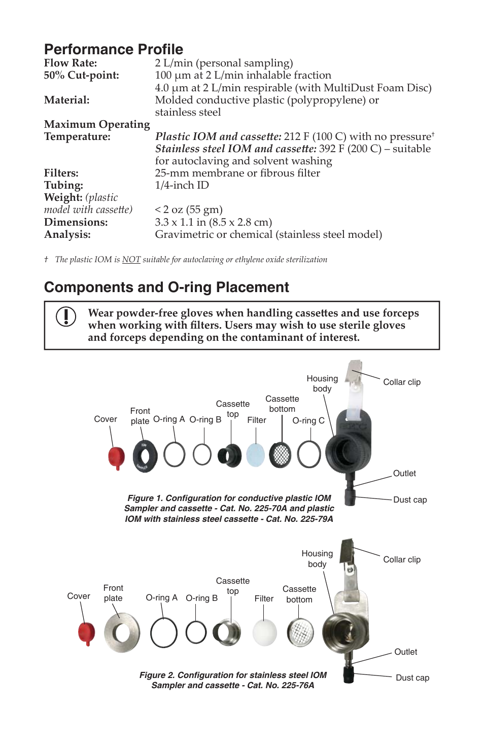 Performance profi le, Components and o-ring placement | SKC 225-70A IOM Inhalable Dust Sampler with MultiDust Foam Discs User Manual | Page 2 / 12