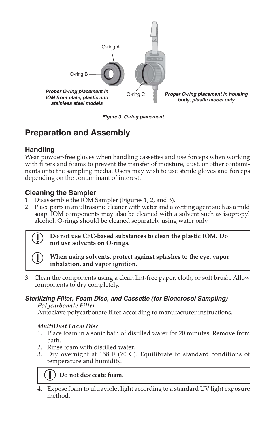 Preparation and assembly, Handling, Cleaning the sampler | SKC 225-70A IOM Inhalable Dust Sampler with MultiDust Foam Discs User Manual | Page 3 / 12