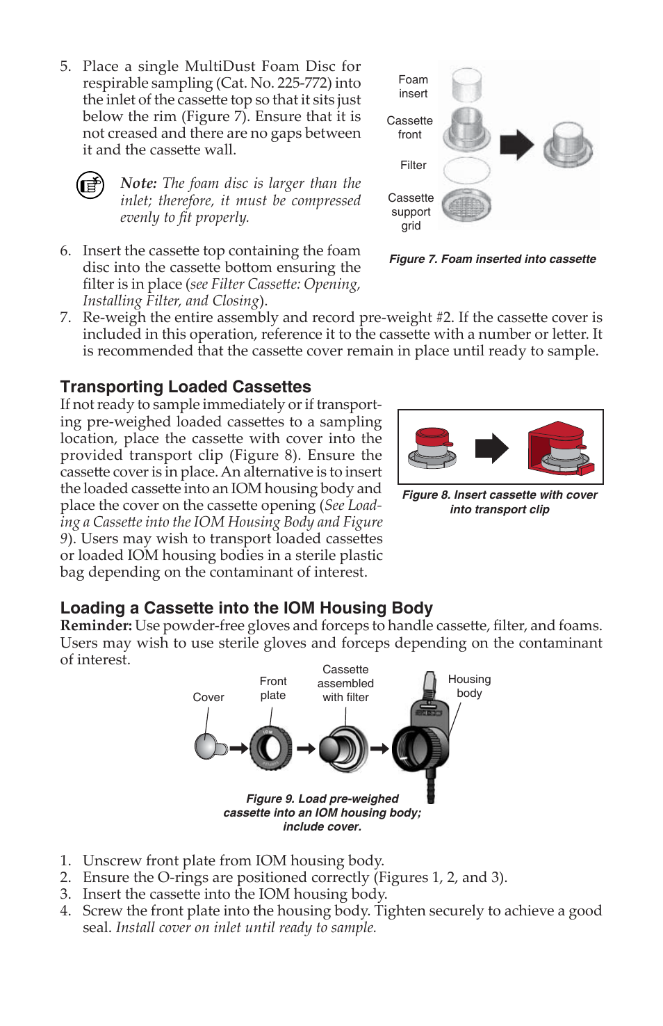 Transporting loaded cassettes, Loading a cassette into the iom housing body | SKC 225-70A IOM Inhalable Dust Sampler with MultiDust Foam Discs User Manual | Page 6 / 12