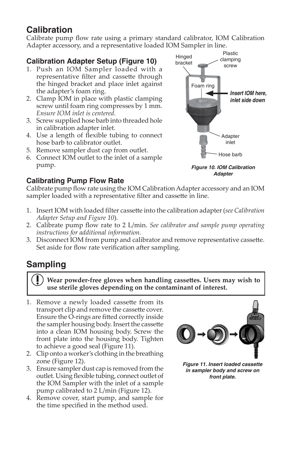 Calibration, Sampling, Calibration adapter setup (figure 10) | Calibrating pump flow rate | SKC 225-70A IOM Inhalable Dust Sampler with MultiDust Foam Discs User Manual | Page 7 / 12