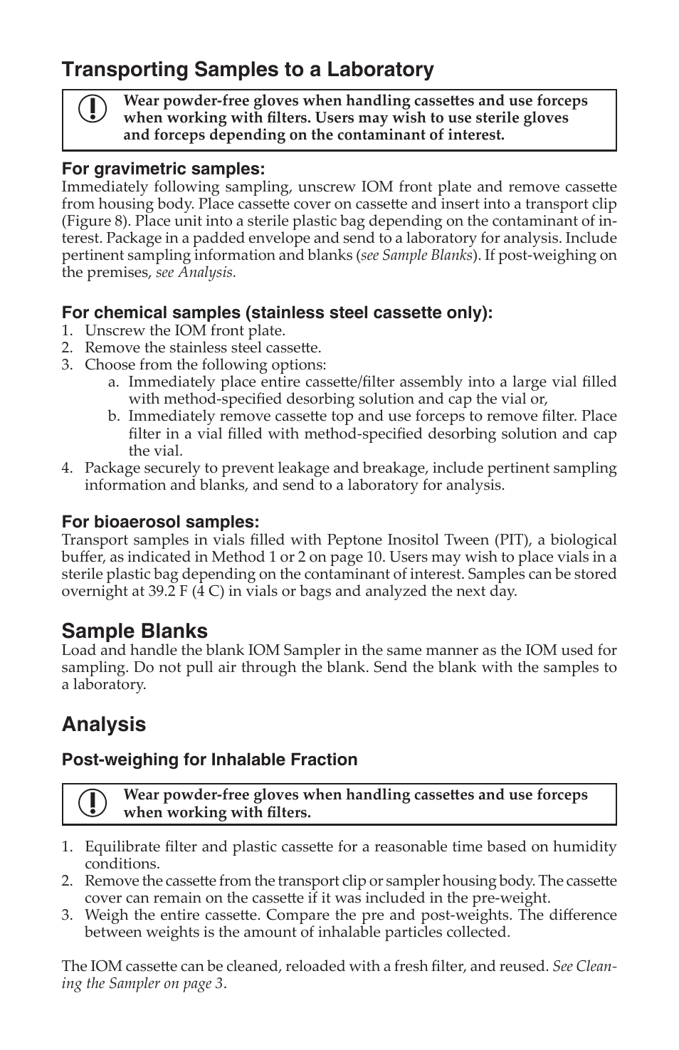 Transporting samples to a laboratory, Sample blanks, Analysis | SKC 225-70A IOM Inhalable Dust Sampler with MultiDust Foam Discs User Manual | Page 9 / 12