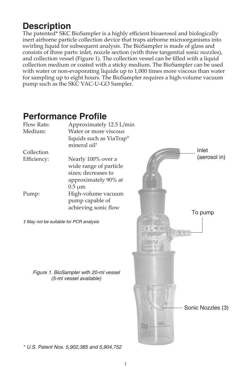 Description, Performance profi le | SKC 225-9594 SKC BioSampler User Manual | Page 2 / 9