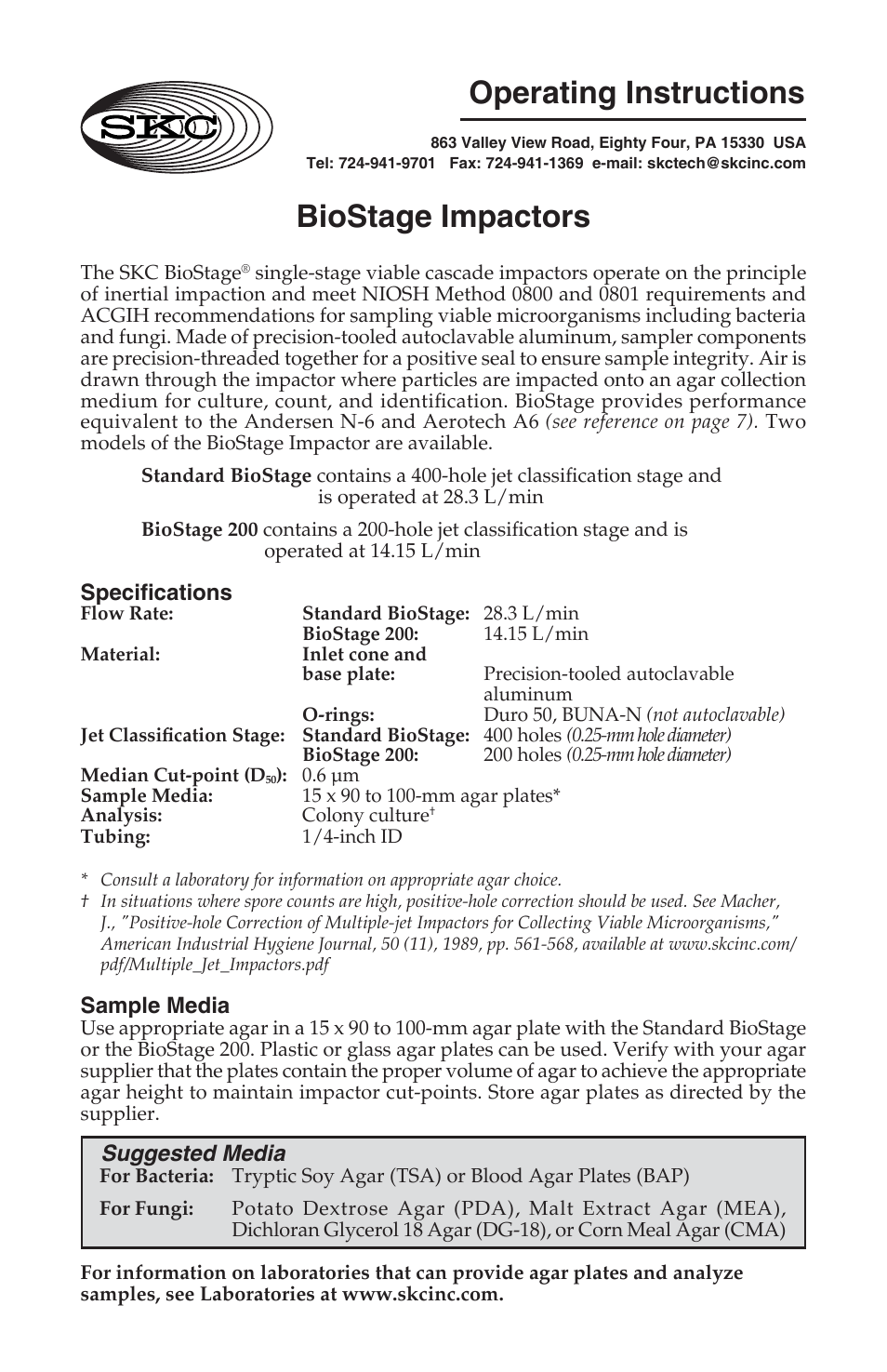 SKC 225-9611 BioStage Single-stage Bioaerosol Impactor User Manual | 8 pages