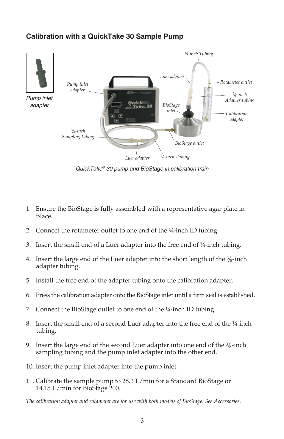 Calibration with a quicktake 30 sample pump | SKC 225-9611 BioStage Single-stage Bioaerosol Impactor User Manual | Page 3 / 8